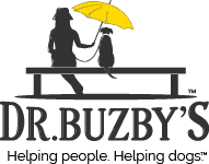 Silhouette of a girl holding a yellow umbrella over a dog while sitting on a bench and title Dr. Buzby's and phrase Helping people. Helping dogs. 